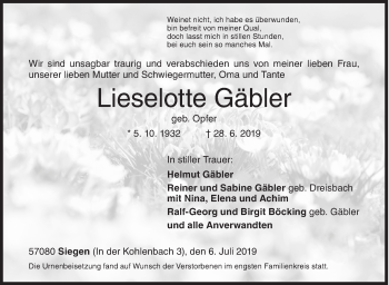 Traueranzeige von Lieselotte Gäbler von Siegener Zeitung