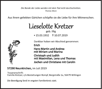 Traueranzeige von Lieselotte Kretzer von Siegener Zeitung