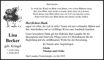 Traueranzeige von Lisa Becker von Siegener Zeitung