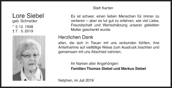 Traueranzeige von Lore Siebel von Siegener Zeitung