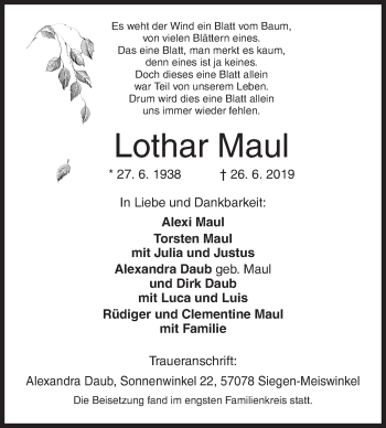Traueranzeige von Lothar Maul von Siegener Zeitung