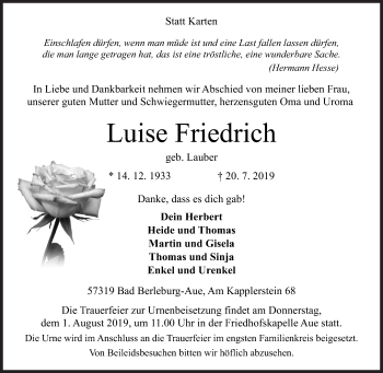 Traueranzeige von Luise Friedrich von Siegener Zeitung