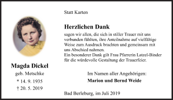 Traueranzeige von Magda Dickel von Siegener Zeitung