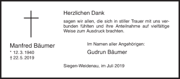 Traueranzeige von Manfred Bäumer von Siegener Zeitung