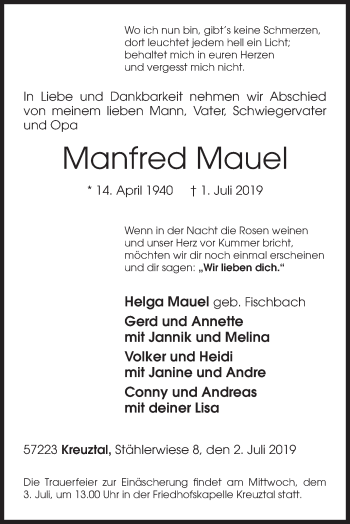 Traueranzeige von Manfred Mauel von Siegener Zeitung