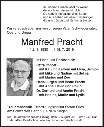 Traueranzeige von Manfred Pracht von Siegener Zeitung