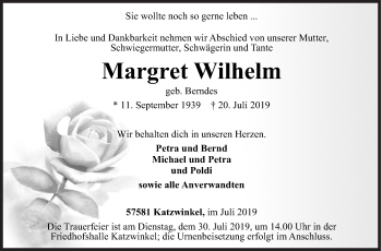 Traueranzeige von Margret Wilhelm von Siegener Zeitung