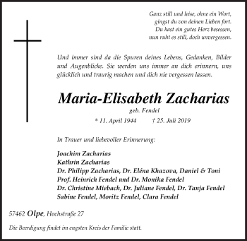 Traueranzeige von Maria-Elisabeth Zach von Siegener Zeitung