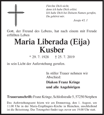 Traueranzeige von Maria Liberada Kusber von Siegener Zeitung