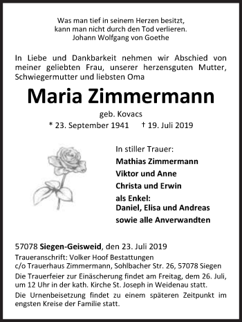 Traueranzeige von Maria Zimmermann von Siegener Zeitung