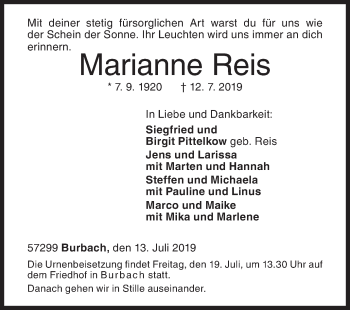 Traueranzeige von Marianne Reis von Siegener Zeitung