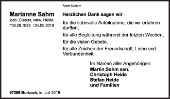 Traueranzeige von Marianne Sahm von Siegener Zeitung