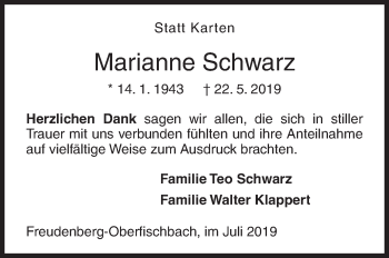 Traueranzeige von Marianne Schwarz von Siegener Zeitung