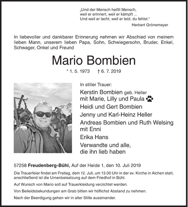  Traueranzeige für Mario Bombien vom 10.07.2019 aus Siegener Zeitung