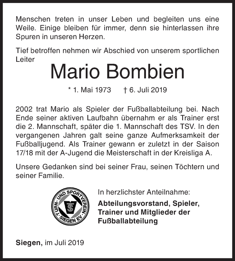  Traueranzeige für Mario Bombien vom 10.07.2019 aus Siegener Zeitung