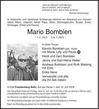 Traueranzeige von Mario Bombien von Siegener Zeitung