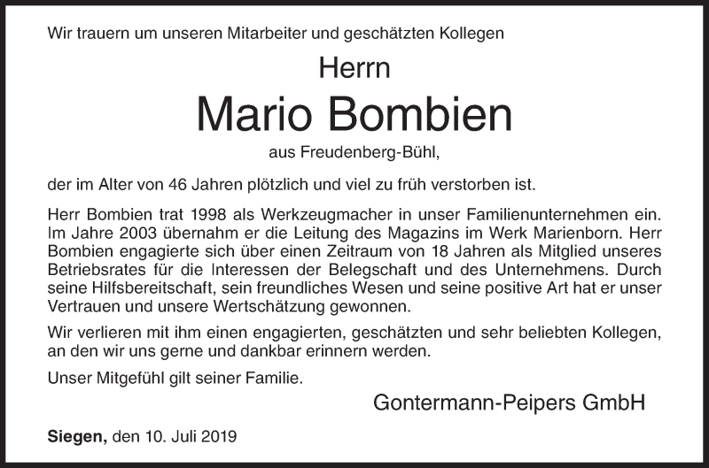  Traueranzeige für Mario Bombien vom 10.07.2019 aus Siegener Zeitung