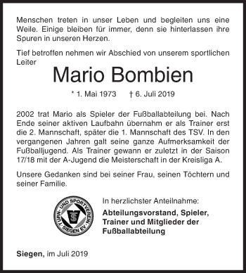 Traueranzeige von Mario Bombien von Siegener Zeitung