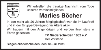 Traueranzeige von Marlies Böcher von Siegener Zeitung
