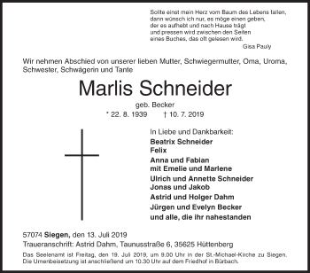 Traueranzeige von Marlis Schneider von Siegener Zeitung