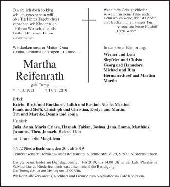Traueranzeige von Martha Reifenrath von Siegener Zeitung