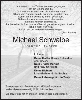 Traueranzeige von Michael Schwalbe von Siegener Zeitung