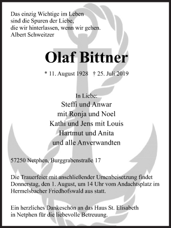 Traueranzeige von Olaf Bittner von Siegener Zeitung