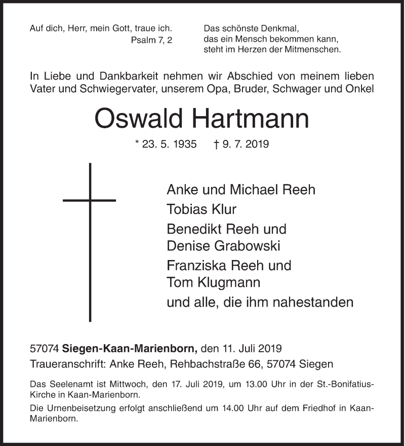  Traueranzeige für Oswald Hartmann vom 11.07.2019 aus Siegener Zeitung