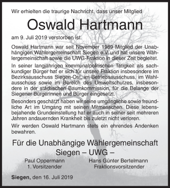 Traueranzeige von Oswald Hartmann von Siegener Zeitung