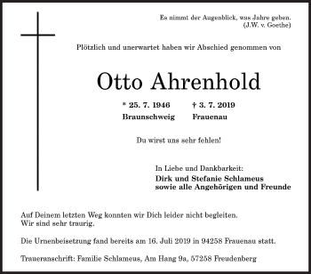 Traueranzeige von Otto Ahnenhold von Siegener Zeitung