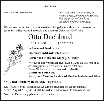 Traueranzeige von Otto Duchhardt von Siegener Zeitung