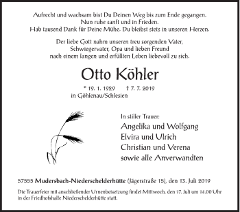 Traueranzeige von Otto Köhler von Siegener Zeitung