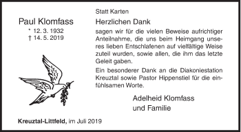 Traueranzeige von Paul Klomfass von Siegener Zeitung
