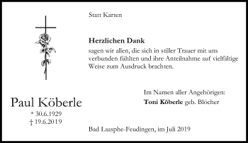 Traueranzeige von Paul Köberle von Siegener Zeitung