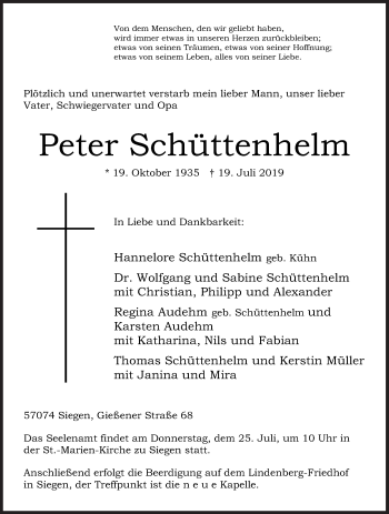Traueranzeige von Peter Schüttenhelm von Siegener Zeitung