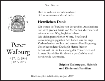 Traueranzeige von Peter Walburg von Siegener Zeitung