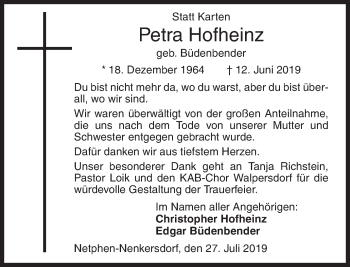 Traueranzeige von Petra Hofheinz von Siegener Zeitung