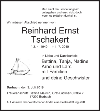 Traueranzeige von Reinhard Ernst Tschakert von Siegener Zeitung