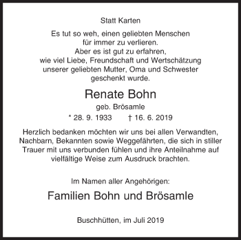 Traueranzeige von Renate Bohn von Siegener Zeitung