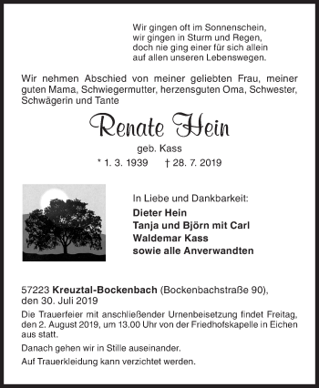 Traueranzeige von Renate Hein von Siegener Zeitung
