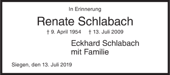 Traueranzeige von Renate Schlabach von Siegener Zeitung