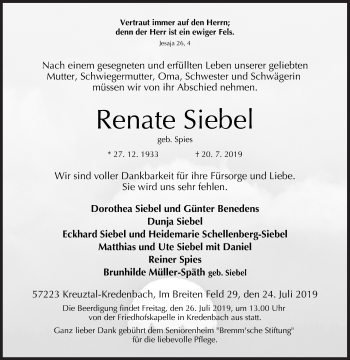 Traueranzeige von Renate Siebel von Siegener Zeitung