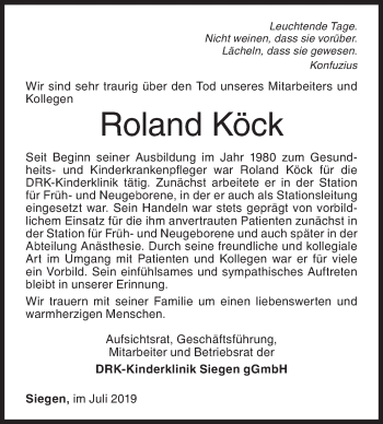 Traueranzeige von Roland Köck von Siegener Zeitung