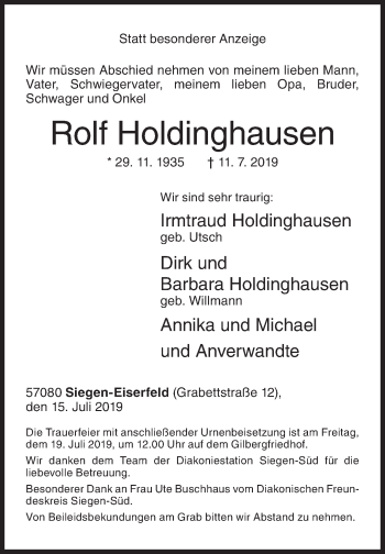 Traueranzeige von Rolf Holdinghausen von Siegener Zeitung
