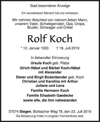 Traueranzeige von Rolf Koch von Siegener Zeitung