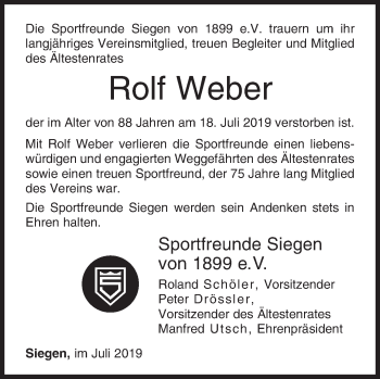 Traueranzeige von Rolf Weber von Siegener Zeitung