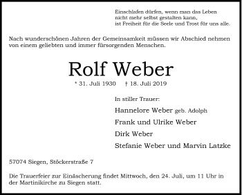 Traueranzeige von Rolf Weber von Siegener Zeitung