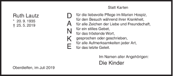 Traueranzeige von Ruth Lautz von Siegener Zeitung
