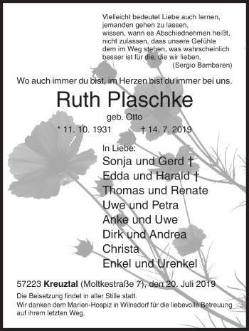 Traueranzeige von Ruth Plaschke von Siegener Zeitung