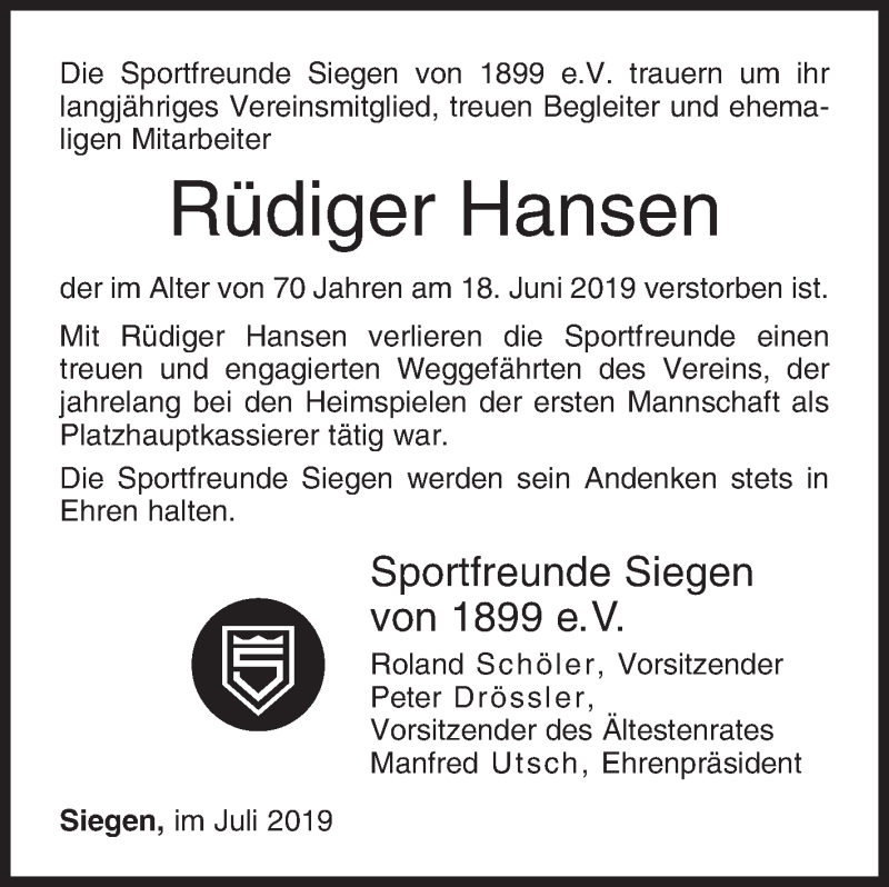  Traueranzeige für Rüdiger Hansen vom 01.07.2019 aus Siegener Zeitung